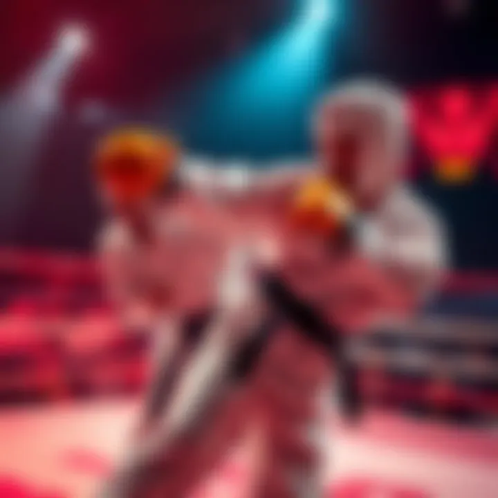 A karate fighter executing a powerful knockout punch in the ring during a match
