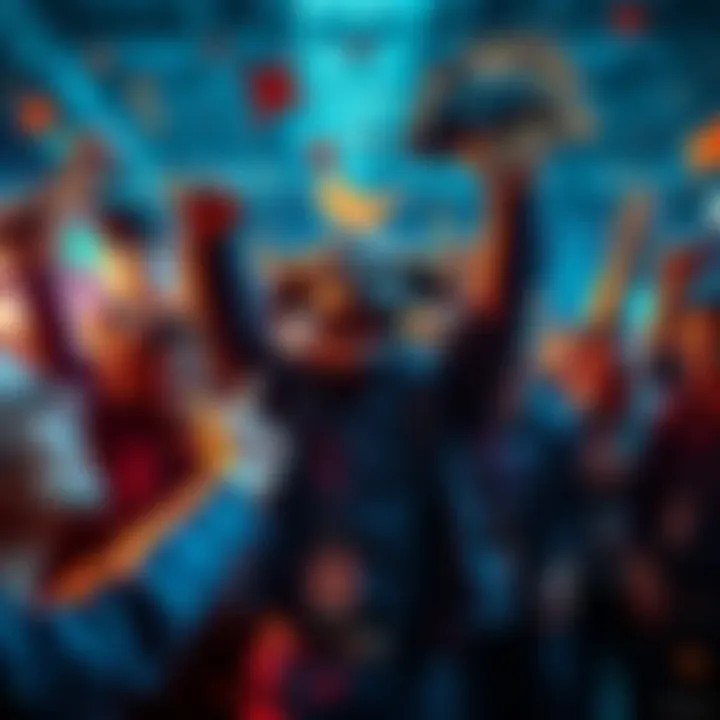 Group of excited investors celebrating strong performance in the Kaspa market with bullish symbols