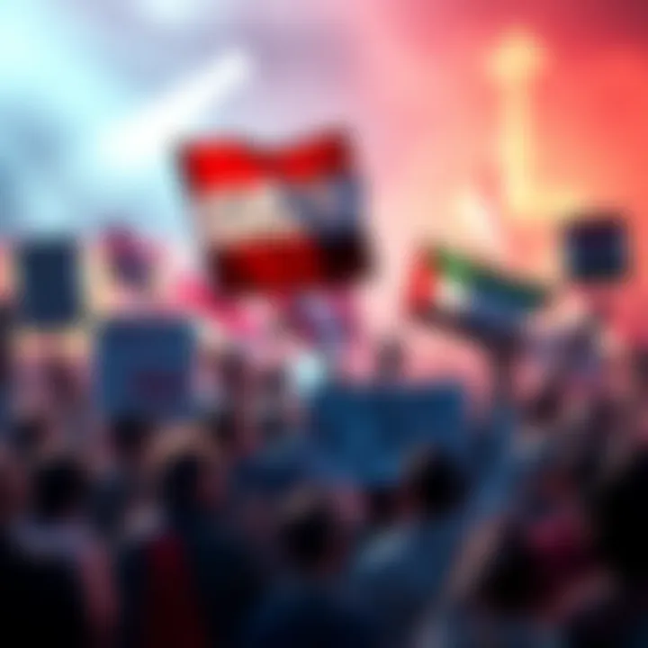 People holding signs and banners at a rally, advocating for peace and aid in the Middle East, with a backdrop of a hopeful atmosphere.