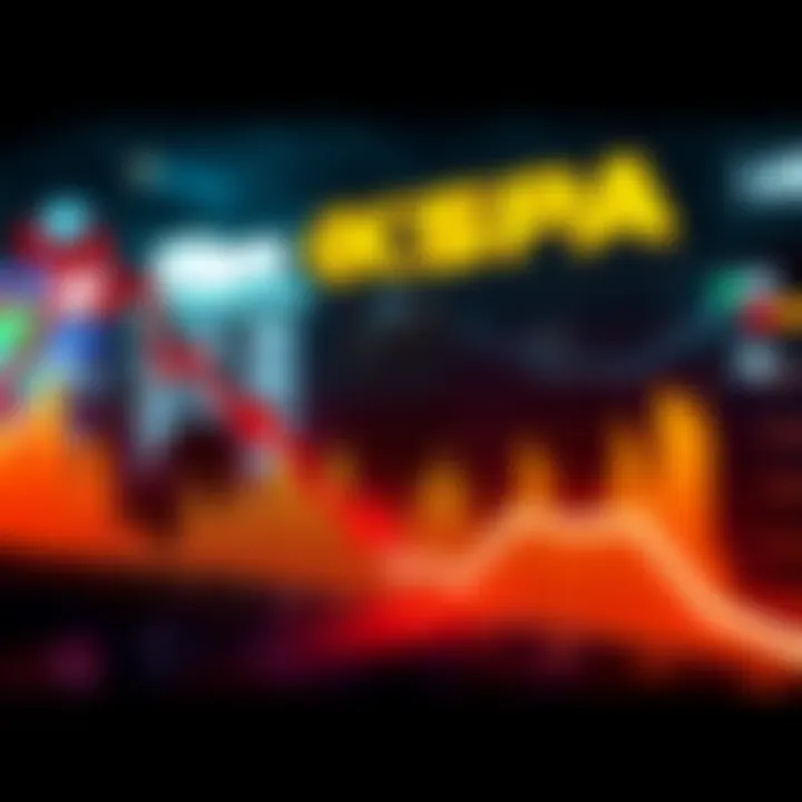 A graph showing a downward trend in Kaspa's market performance with red arrows pointing downward.