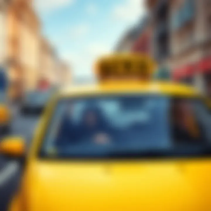 A bright yellow Kaspa taxi driving through the streets of Dublin with excited passengers inside.