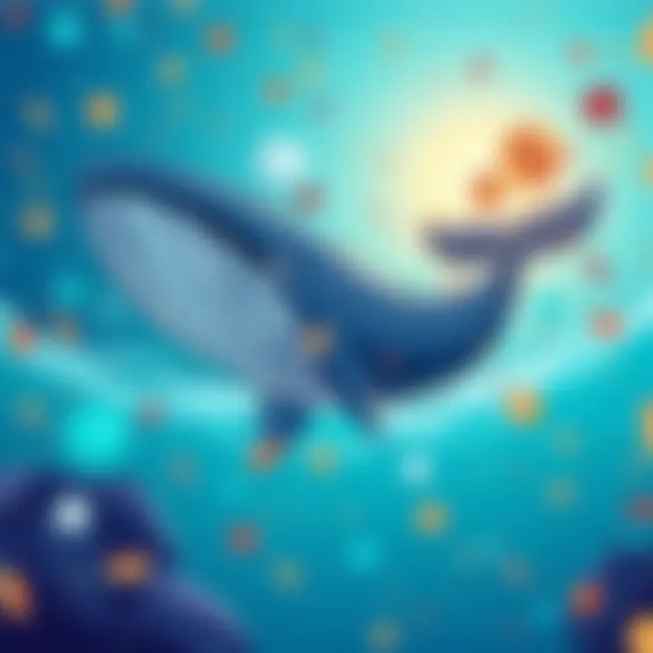 Kaspa Whale Gaining KAS A whale cartoon symbolizing a large holder accumulating Kaspa cryptocurrency, with a digital background representing the Toccata hardfork event.