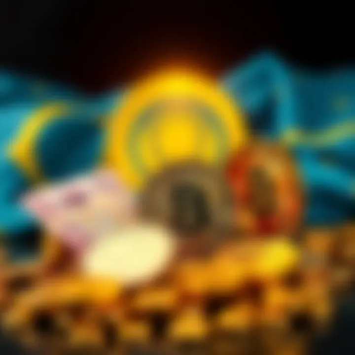 A graphic showing gold coins and fiat currency with a digital currency symbol in the background, representing Kazakhstan's investment in cryptocurrency.