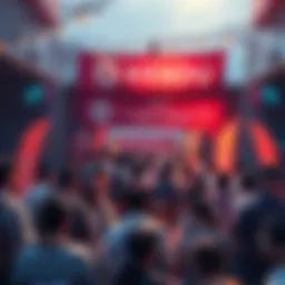 A lively community gathering promoting Kendu with banners and participants engaging in discussions.