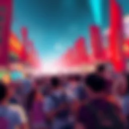 A lively community gathering promoting Kendu Coin with banners and people engaging in activities