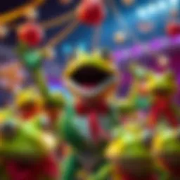 Kermie joyfully celebrating his victory at the auction, surrounded by frog-themed decorations and happy friends.