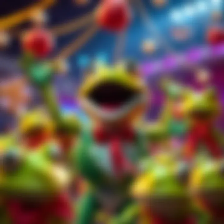 Kermie joyfully celebrating his victory at the auction, surrounded by frog-themed decorations and happy friends.