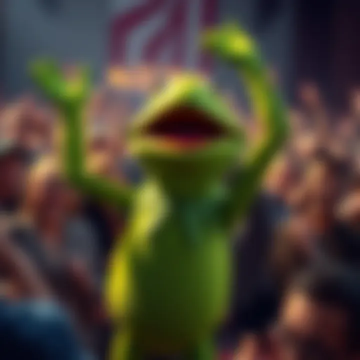 Kermit the Frog joyfully celebrating his victory at the auction, surrounded by excited people and bids.