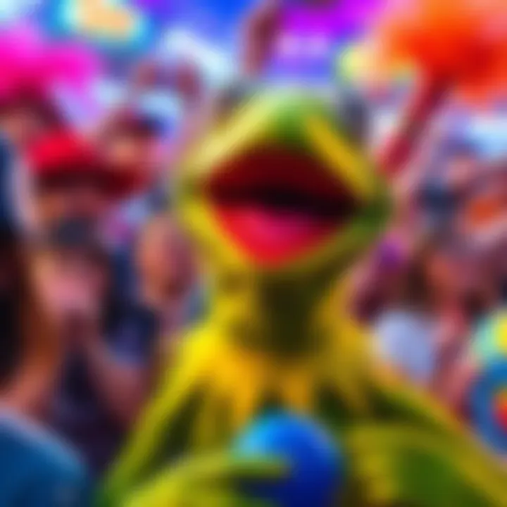 Kermit the Frog smiles widely, surrounded by colorful props and fans enjoying the fun.
