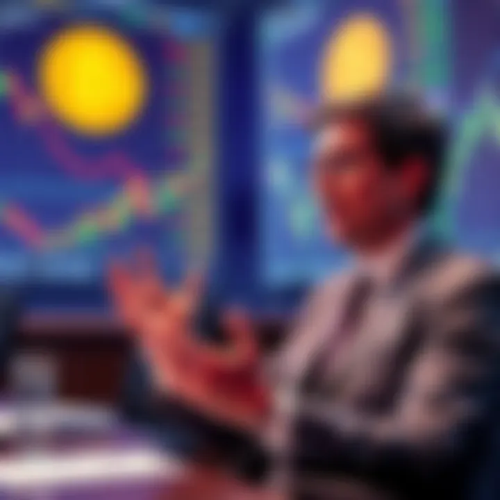 Kevin Warsh, a FED nominee, talks about Bitcoin in a formal setting, surrounded by financial charts and graphs, highlighting his positive views on cryptocurrency.