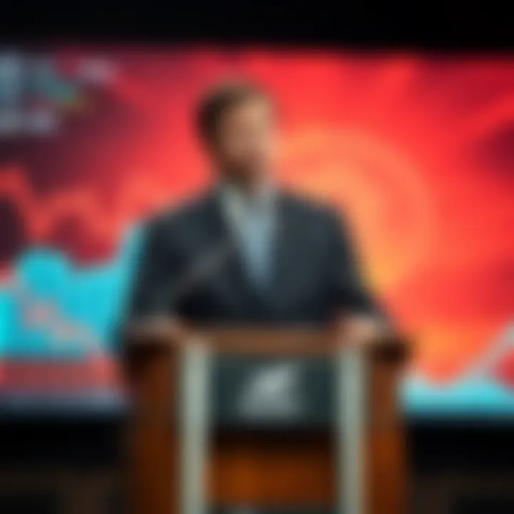 Kevin Warsh speaking at a podium with graphs showing a downward trend in cryptocurrency values behind him