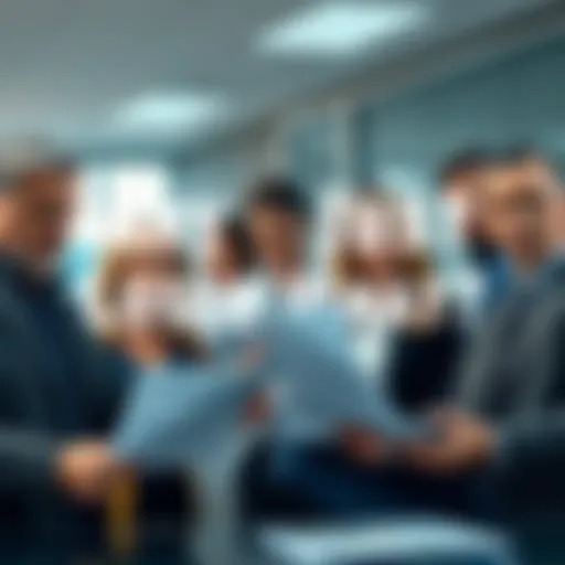 A group of business people looking concerned in an office setting as they review documents indicating losses.