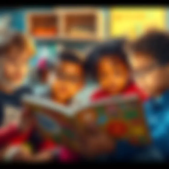 A group of diverse children reading a colorful book about Bitcoin and money, looking engaged and curious.