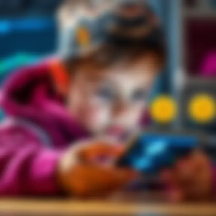 A child looking at a smartphone showing cryptocurrency wallet apps, with Bitcoin and Ethereum symbols around