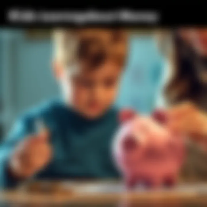 A young child counting coins and holding a piggy bank, with a parent guiding them on financial concepts.