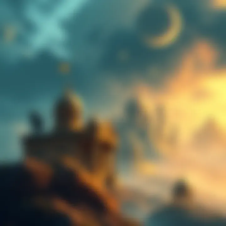 Illustration of the King’s Kingdom with ancient buildings and treasures uncovered in the landscape.