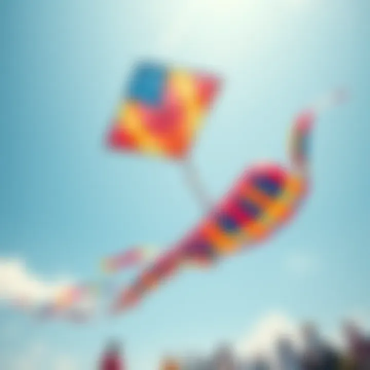 A colorful kite soaring high in a clear blue sky with people enjoying the moment below.