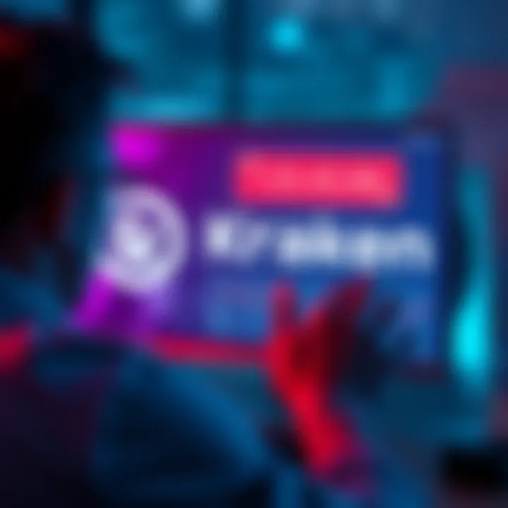 A worried person looking at a computer screen showing the Kraken logo and account balance declining