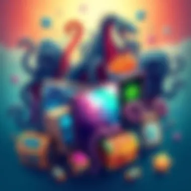 A digital illustration showing various Kraken NFTs with ocean-themed designs, showcasing different colors and styles. Some NFTs display images of krakens, treasure chests, and underwater scenes.