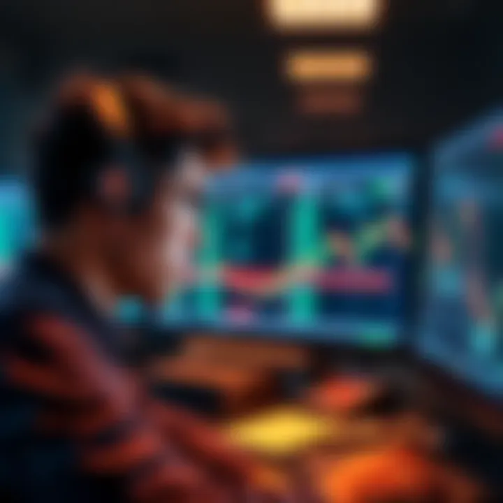 A trader looking at a computer screen displaying Kraken's price alerts with a concerned expression, highlighting the timing issues affecting trading decisions.