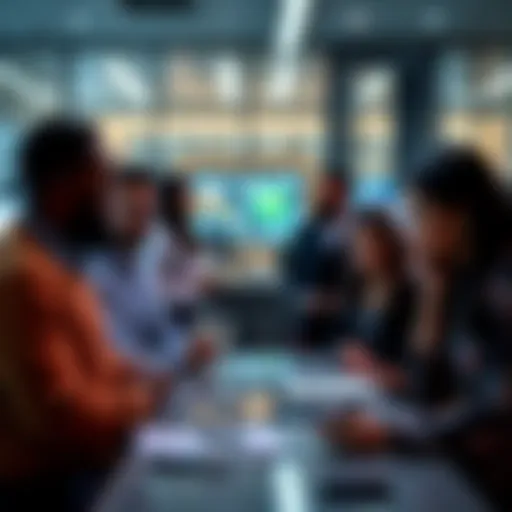 A group of diverse people discussing the benefits of the Kraken VIP Program in a modern office setting.