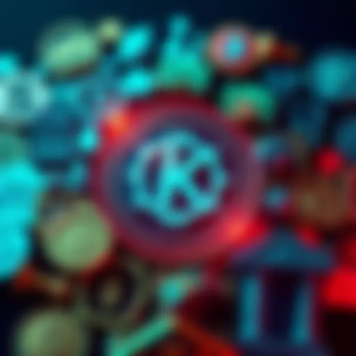 Kraken cryptocurrency logo surrounded by traditional bank icons, illustrating the clash between crypto and traditional banking systems.