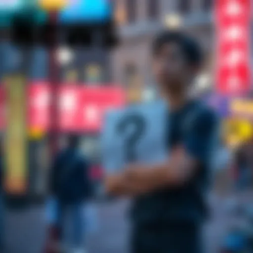 A person stands with arms crossed, looking concerned while holding a sign with a question mark, representing the demand for clarity in Kusama's governance and future.