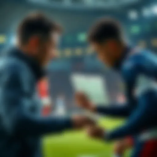 A football manager discussing strategy with players while looking at a Lammens card during a match