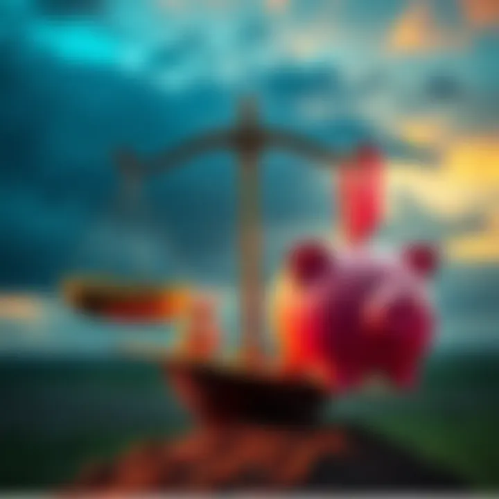 Person weighing options between buying land and saving money, with images of land parcels and a piggy bank