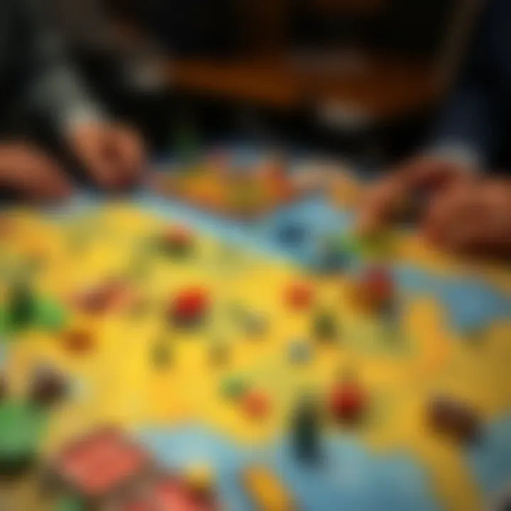 A colorful game board showing various land properties and money tokens, with players discussing strategies for land acquisition.