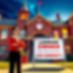 A cheerful representative stands in front of a historic building with a sign announcing new developments for the community.