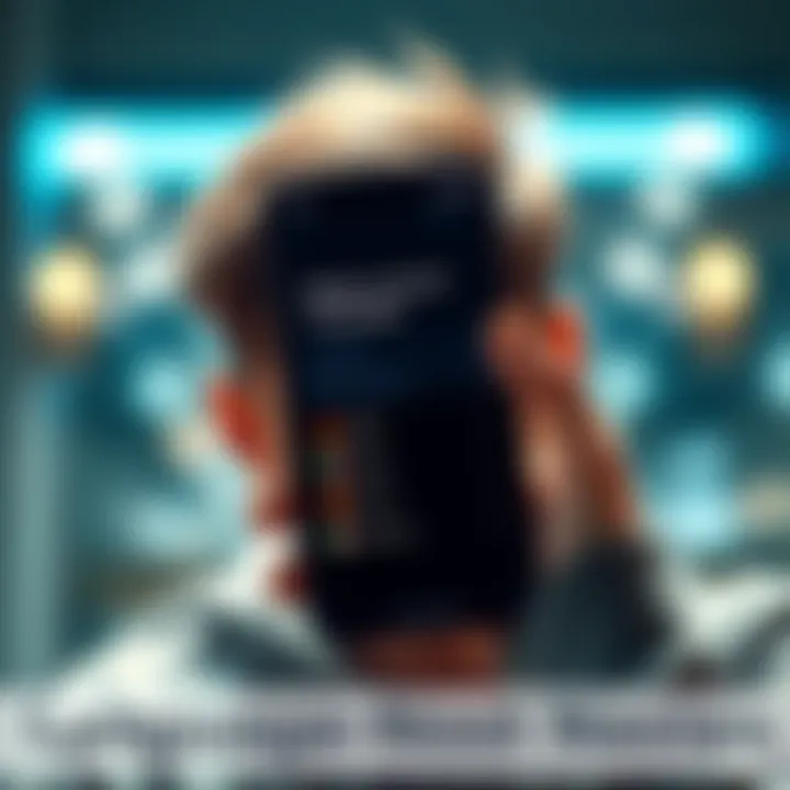 A worried person looking at a smartphone screen displaying missing language options like Italian, French, and German in the app Hub.