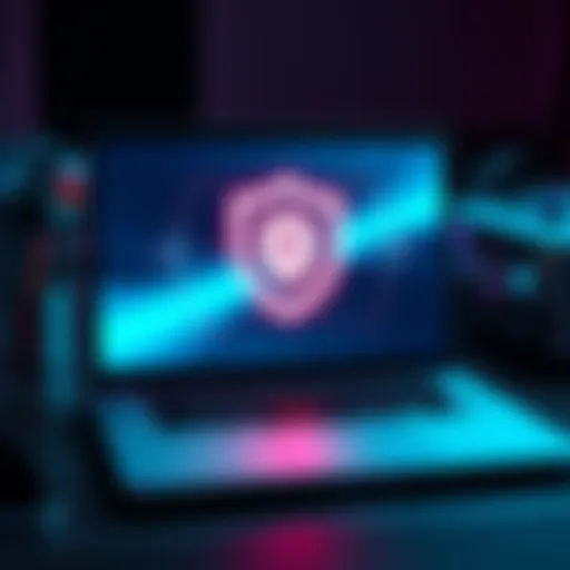 Laptop sitting on a desk with a security shield icon displayed on the screen, symbolizing protection after a repair