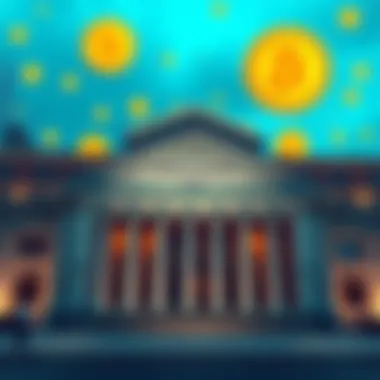 A large bank building with Bitcoin symbols displayed prominently, indicating the bank's acceptance of cryptocurrency.