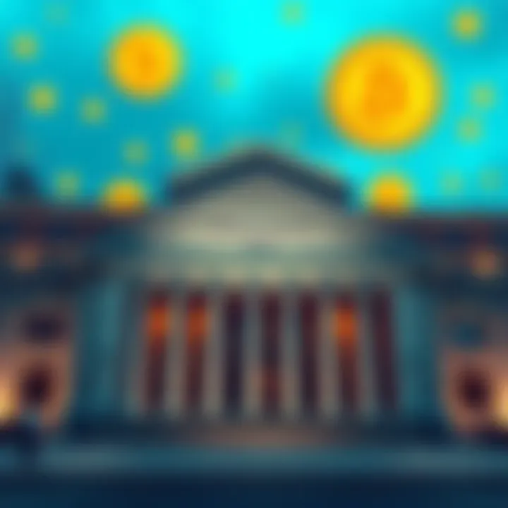 America's Largest Bank Accepts Bitcoin A large bank building with Bitcoin symbols displayed prominently, indicating the bank's acceptance of cryptocurrency.