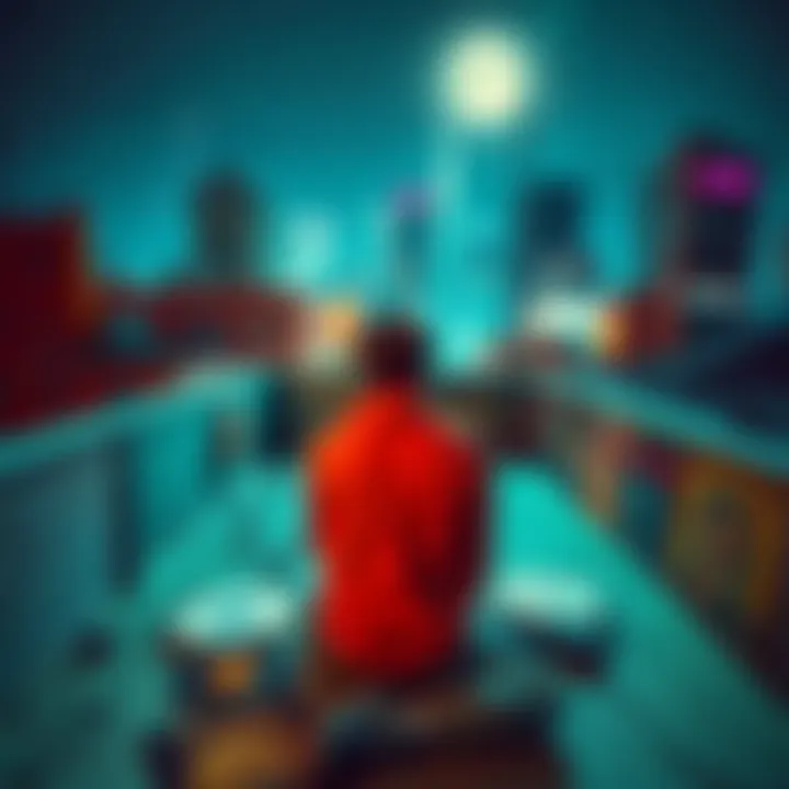 A person sitting on a colorful urban rooftop at night, surrounded by records and posters of punk bands, reflecting a love for late-night music culture.