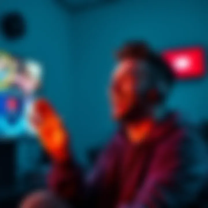 A person watching cringe-worthy cryptocurrency YouTube videos, laughing and enjoying the humorous moments