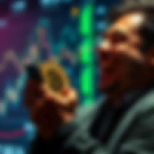 A person laughing while looking at a funny Bitcoin meme on their phone, with cryptocurrency graphics in the background.