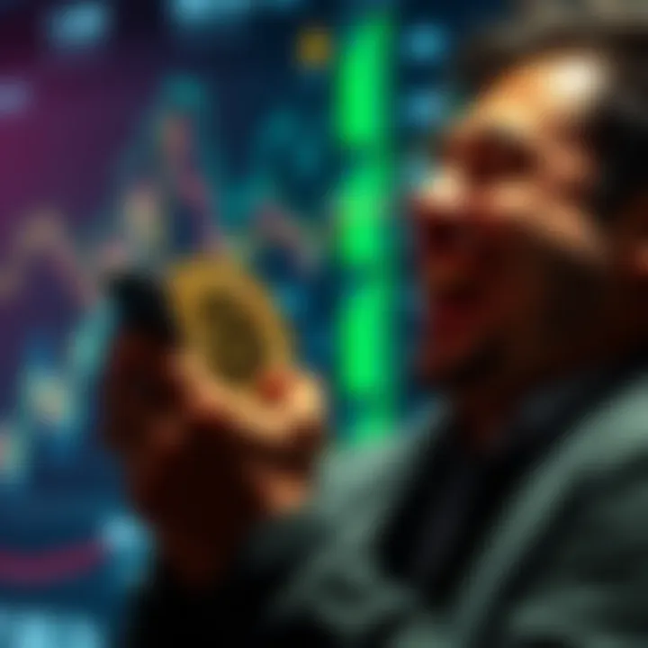 Person laughing at Bitcoin meme A person laughing while looking at a funny Bitcoin meme on their phone, with cryptocurrency graphics in the background.