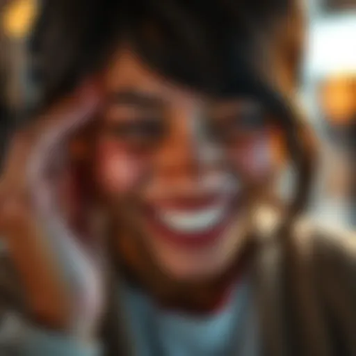 A person laughing while wiping away tears, symbolizing the mix of joy and sadness, with a subtle smile on their face.