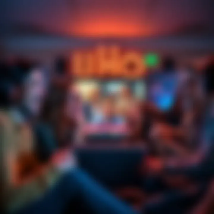 A group of people laughing together while watching a funny video on a screen