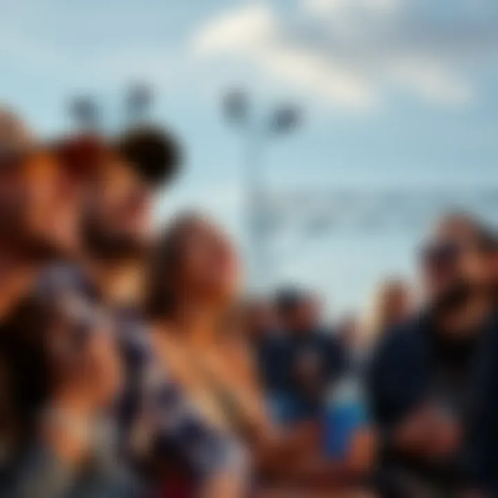 A group of friends laughing together while watching a comedy show outdoors, enjoying free entertainment under the sun.