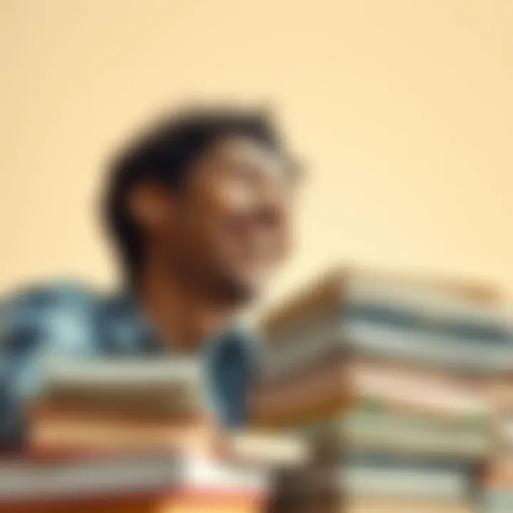 A person smiling and laughing while looking at a pile of books symbolizing life's challenges, with a bright background to convey positivity.