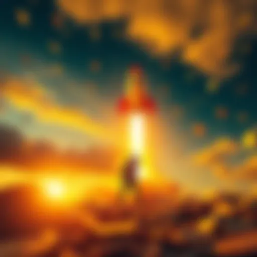A graphic showing a person launching a rocket symbolizing meme coins into the sky, with coins swirling around it.