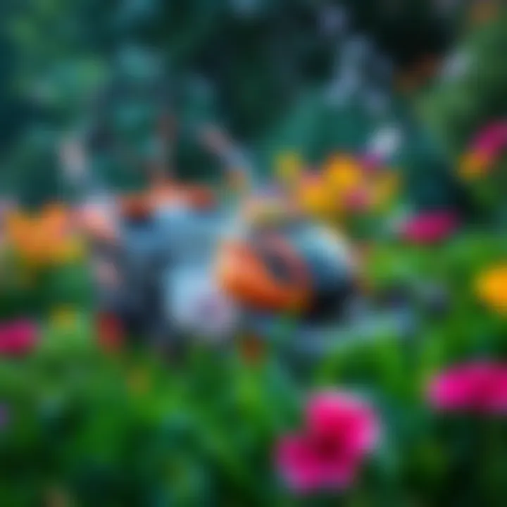 Lawnmower in action A vibrant lawnmower cutting grass while colorful flowers bloom around it
