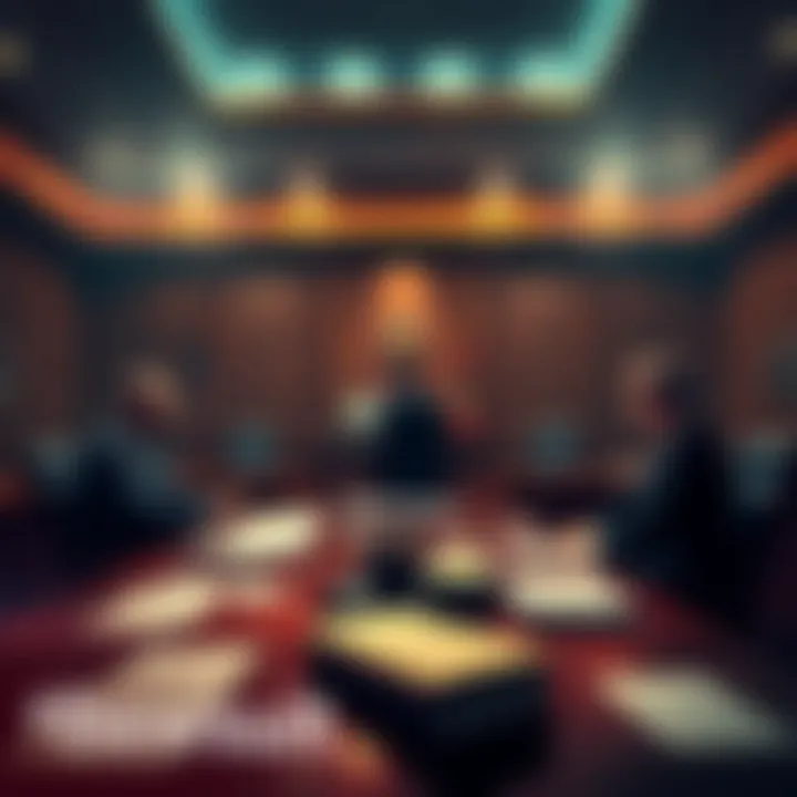 A courtroom with lawyers discussing a lawsuit, documents spread on the table, highlighting the legal battle between Vod and OgNasty.