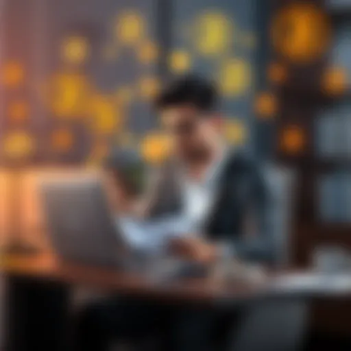 A person sitting at a desk with a laptop, looking concerned while holding a phone with cryptocurrency symbols in the background.