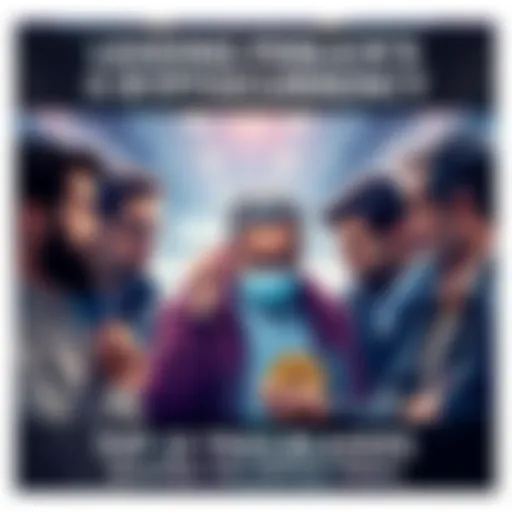 A group of diverse individuals discussing cryptocurrency, representing innovation and leadership in finance.