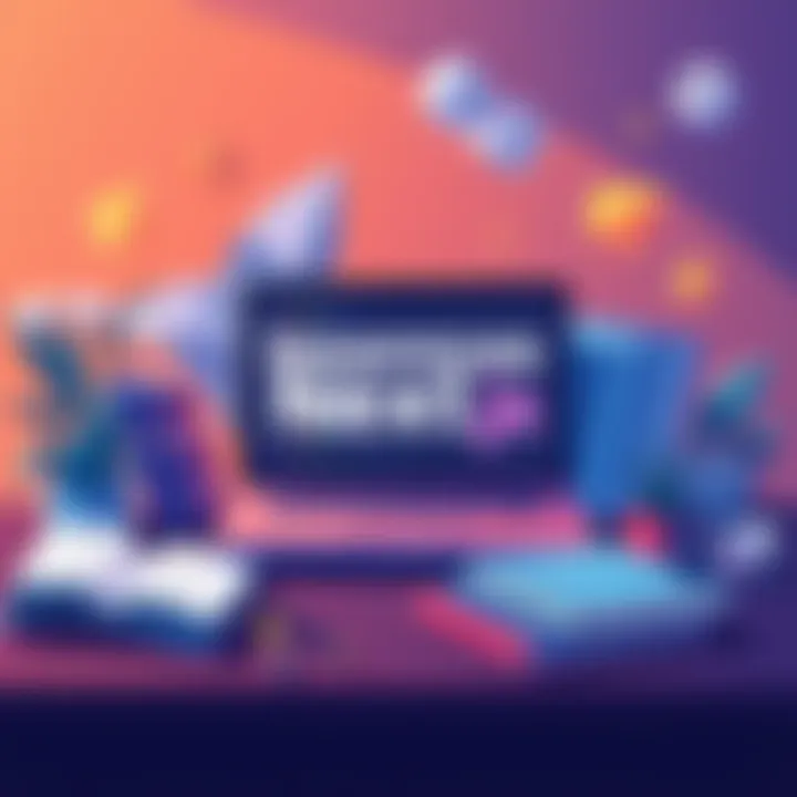 An illustration showcasing various online resources for learning Next.js, including a laptop with coding examples, books, and a notebook with project ideas.