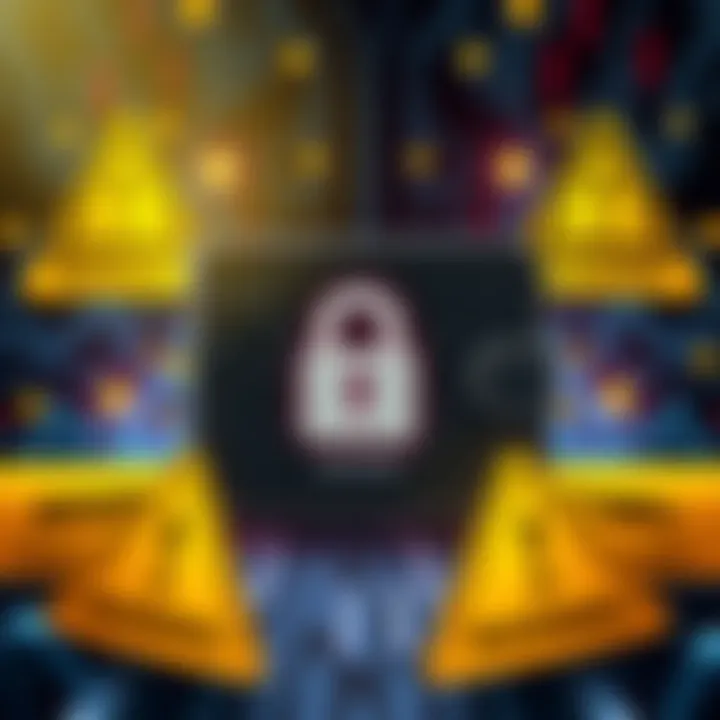 A representation of a digital wallet with a lock symbol, surrounded by warning signs about data security risks in cryptocurrency, highlighting concerns for users.